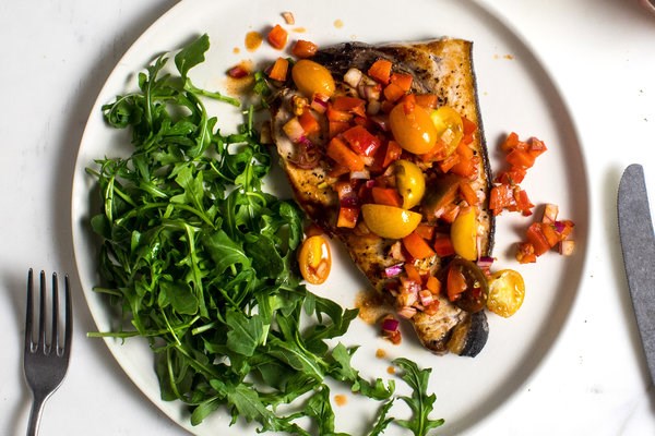 Grilled swordfish with smoky tomato-anchovy salsa