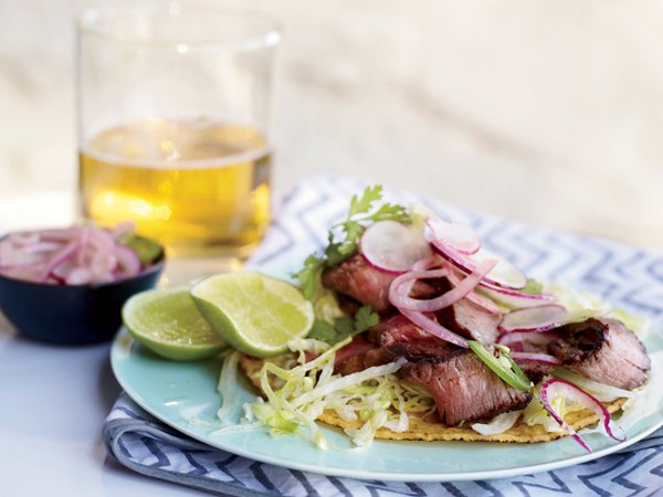 Grilled T-bone tostadas with spicy radish salad