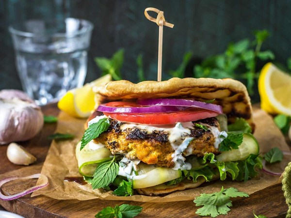 Grilled tandoori chicken patties with jalapeno-mint yogurt sauce