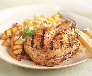 Grilled tandoori-style chicken and mangoes with mango jasmine rice