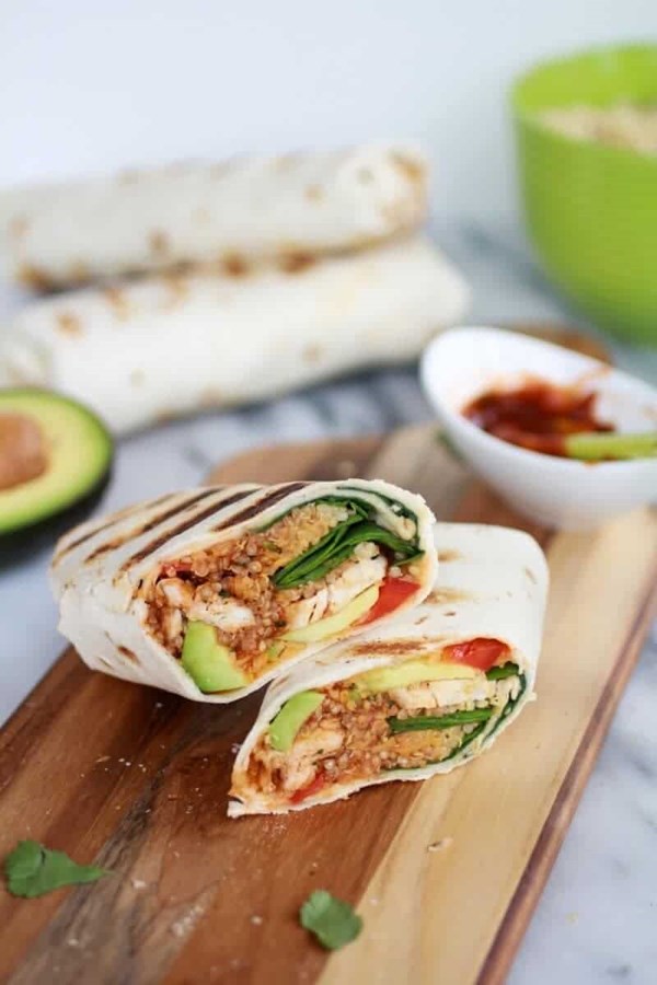 Grilled Tex-Mex chicken and quinoa wraps with spicy Tex-Mex sauce