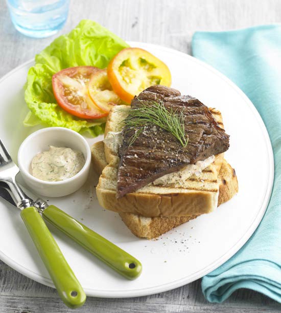 Grilled Texas steak sandwiches with dilled horseradish sauce