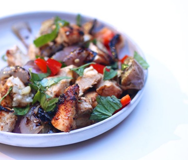 Grilled Thai chicken, eggplant and basil