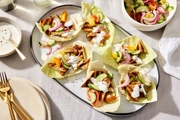 Grilled tofu cabbage cups with garlicky yogurt