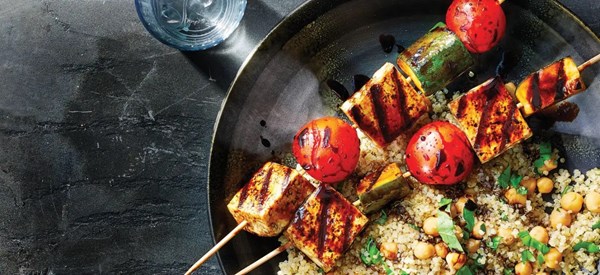 Grilled tofu kabobs with rhubarb-balsamic glaze