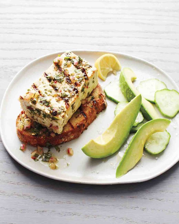 Grilled tofu with chimichurri on toast
