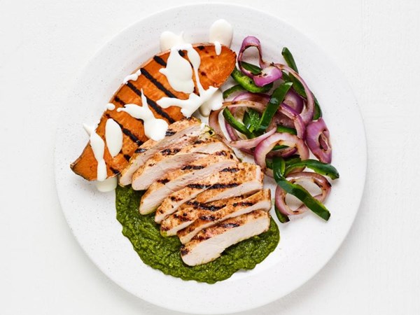 Grilled tomatillo chicken with sweet potatoes 