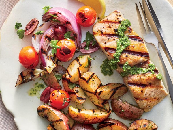 Grilled tomato, onion, and olive salad
