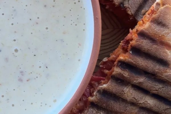 Grilled tomato sandwich and cheese soup