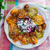 Grilled tomatoes, cucumber and beetroot labneh