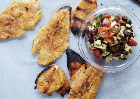 Grilled tostones with black bean and corn relish