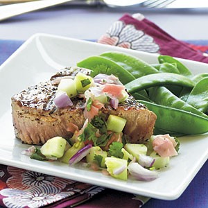 Grilled tuna steaks with cucumber-pickled ginger relish