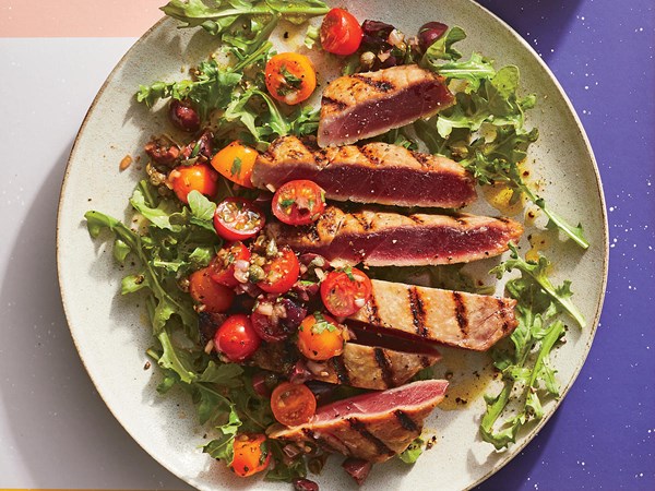 Grilled tuna with chunky tapenade salsa