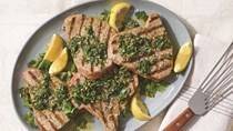 Grilled tuna with parsley-caper sauce