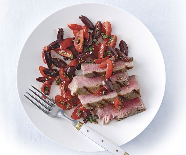 Grilled tuna with puttanesca salsa
