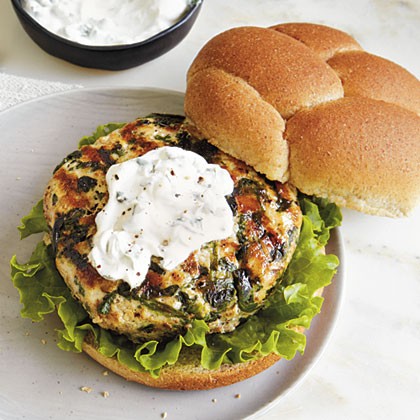 Grilled turkey burgers with goat cheese spread