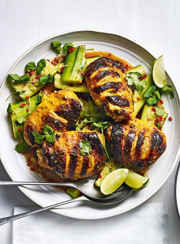 Grilled turmeric chicken with smashed cucumber salad