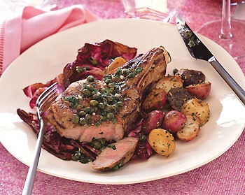 Grilled veal chops and radicchio with lemon-caper sauce