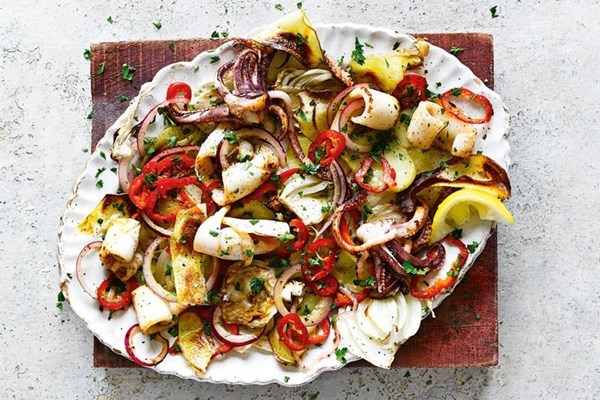 Grilled vegetable & squid salad