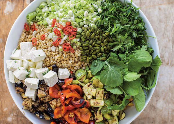 Grilled vegetable and barley salad