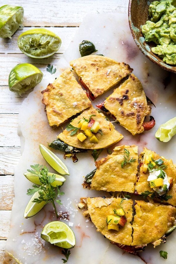 Grilled vegetable and cheese quesadillas with mango salsa