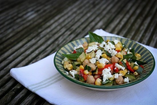 Grilled vegetable and chickpea salad with basil