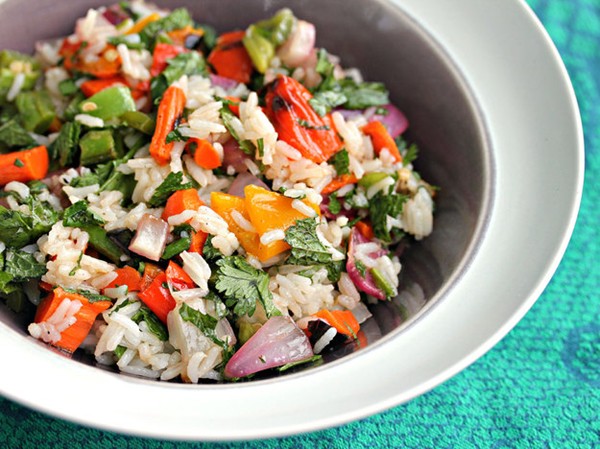 Grilled vegetable and jasmine rice salad with herbs and cashews