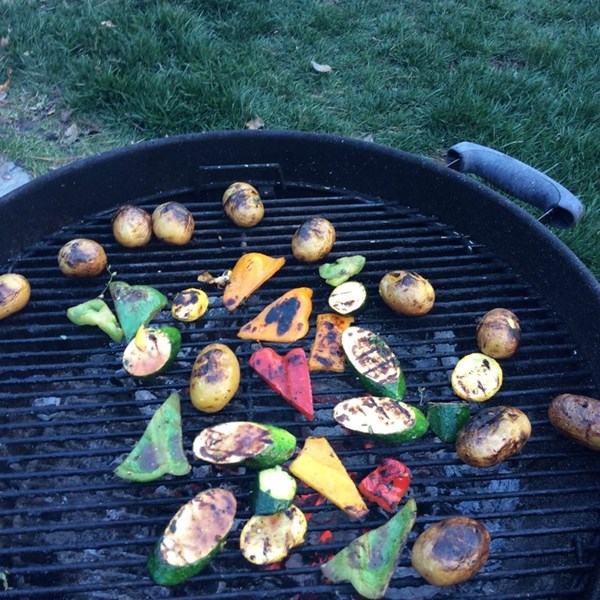 Grilled vegetable antipasto with herbed chèvre and crostini