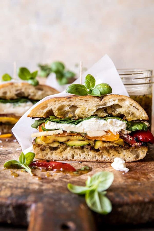 Grilled vegetable burrata sandwich with lemon thyme honey mustard