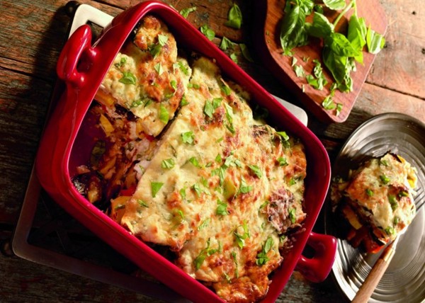 Grilled vegetable gratin with ricotta and basil