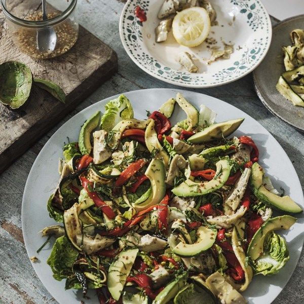 Grilled vegetable salad with lemon and mustard dressing
