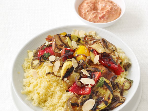 Grilled vegetables with couscous and yogurt sauce