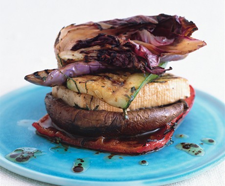 Grilled veggie and tofu stack with balsamic and mint