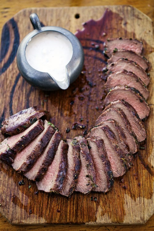 Grilled venison loin with horseradish cream sauce