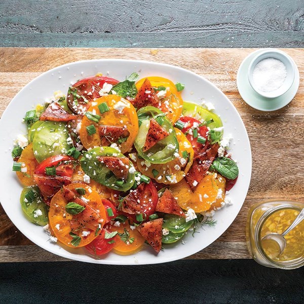 Grilled watermelon and heirloom tomato salad