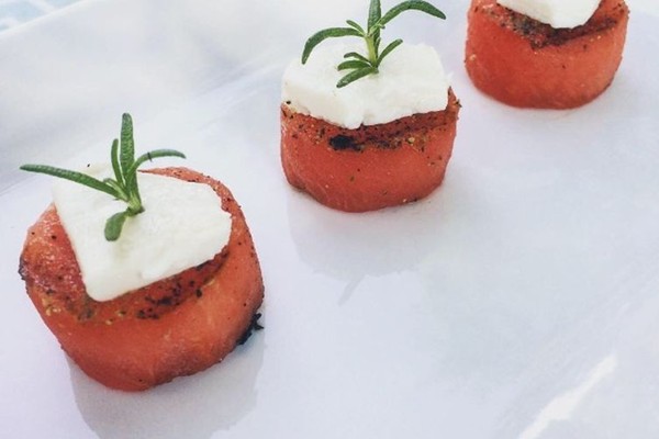 Grilled watermelon goat cheese bites