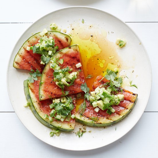 Grilled watermelon with avocado, cucumber and jalapeño salsa
