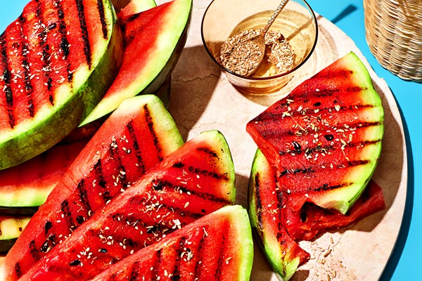 Grilled watermelon with chamomile-cocoa salt