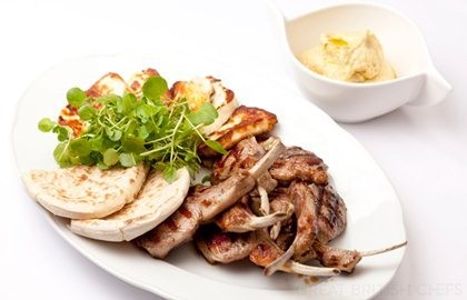Grilled Welsh lamb cutlets with hummus and halloumi