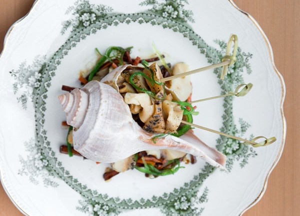Grilled whelk with kombu beurre blanc, sautéed burdock and carrot
