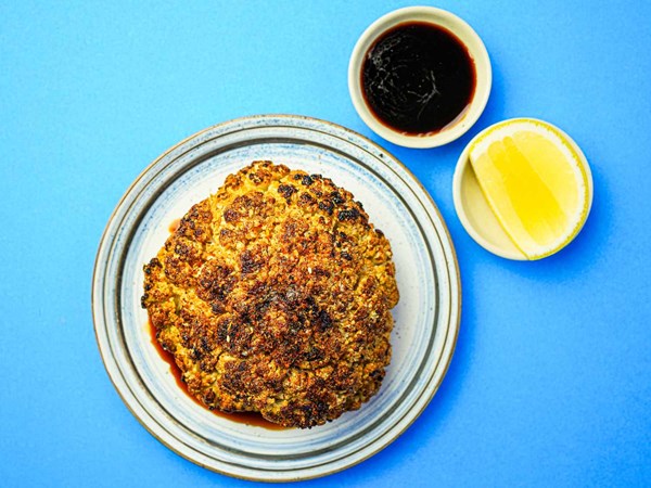Grilled whole cauliflower with teriyaki sauce