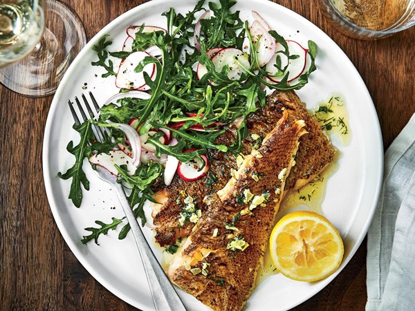 Grilled whole flatfish with lemon-herb butter