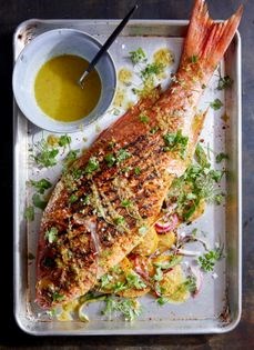 Grilled whole snapper with preserved lemon vinaigrette
