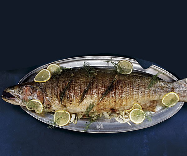 Grilled whole wild salmon with preserved lemon and fennel