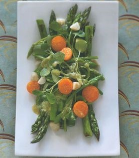 Grilled wild and regular asaparagus with sweet miso dressing, watercress, cape gooseberries and macadamia nuts