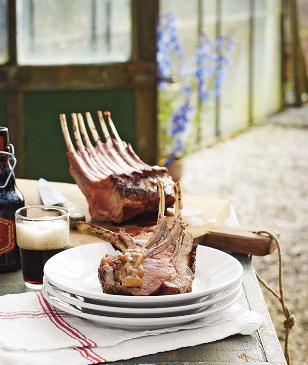 Grilled wild boar rib rack with a coffee-chestnut sauce