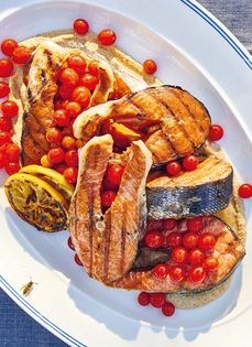 Grilled wild coho salmon steaks with hazelnut tarator
