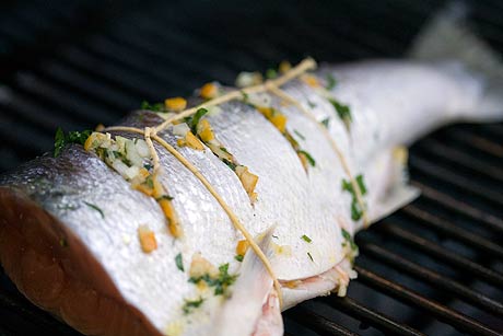 Grilled wild salmon with preserved lemon relish