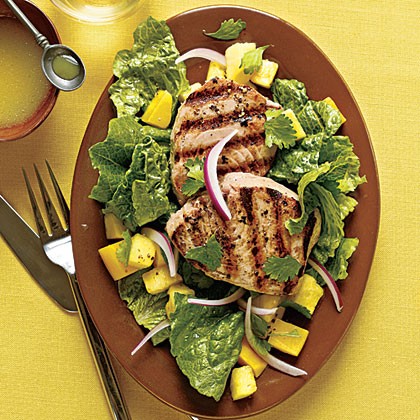 Grilled yellowfin tuna with romaine and tropical fruit