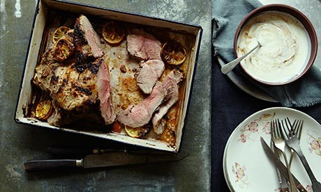 Grilled yoghurt marinated leg of lamb